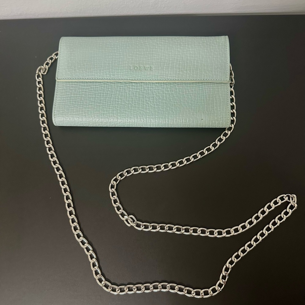 Loewe Light Blue Textured Wallet W Cream Piping. Great Condition W Chain. 💯 Auth